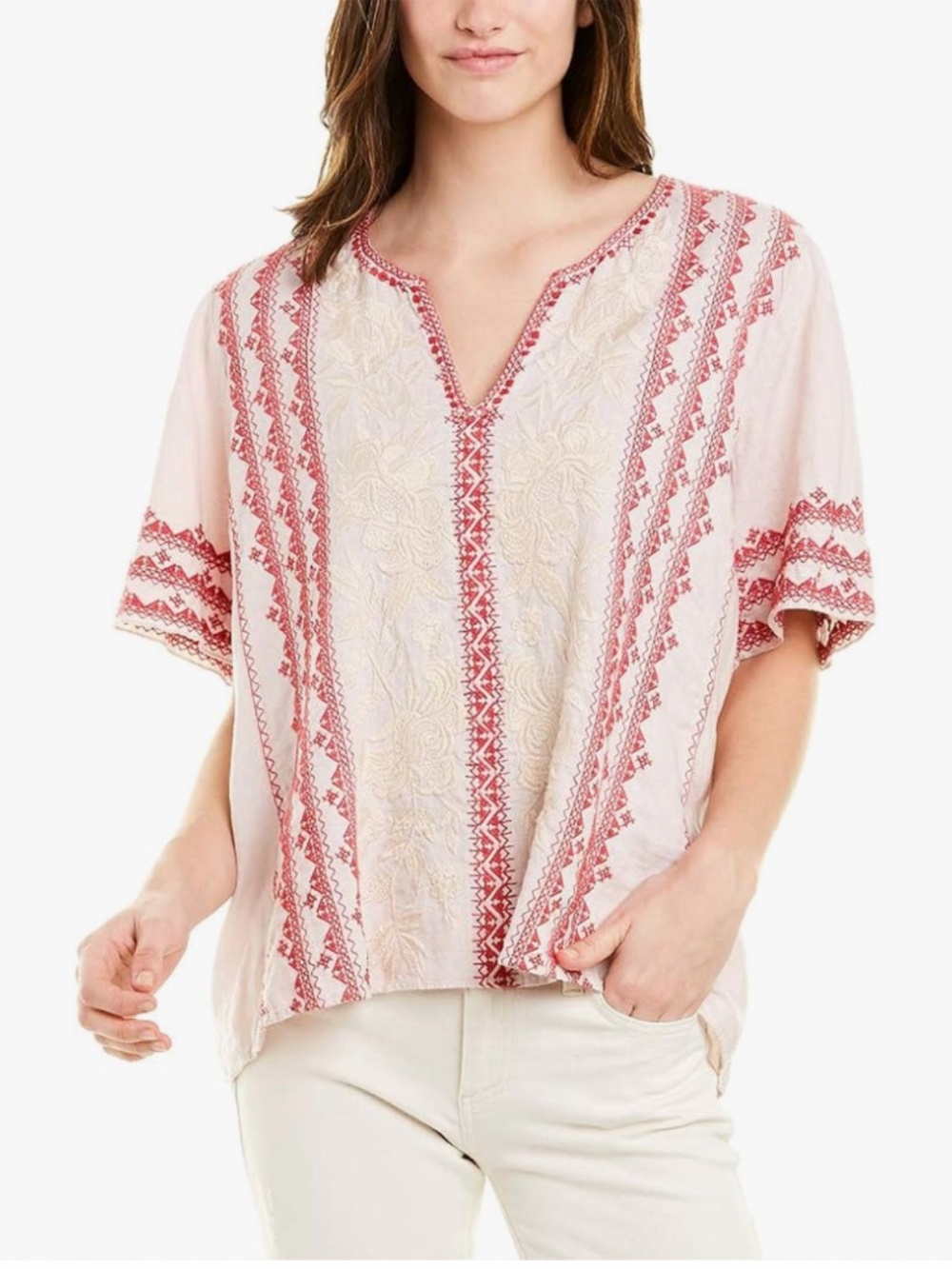 Johnny Was Camille Flutter Sleeve Linen Tunic Blouse Medium Embroidered Summer